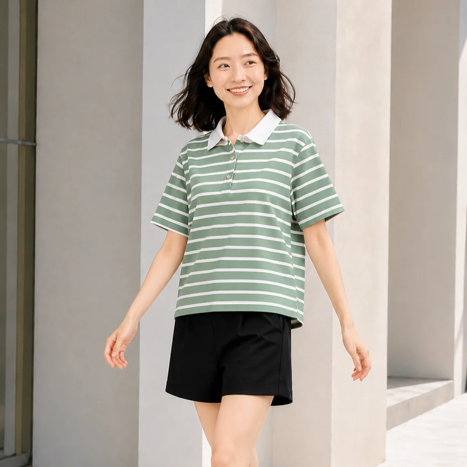 Áo polo nữ PAPKA 3056 màu xanh sọc trắng chất Cotton 100% thấm hút và co dãn tốt